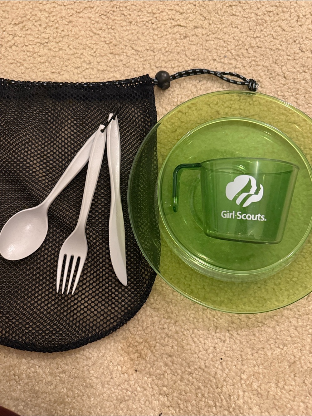 Vintage Girl Scout Campware Set - Plate, Bowl, Mug, utensils, bag